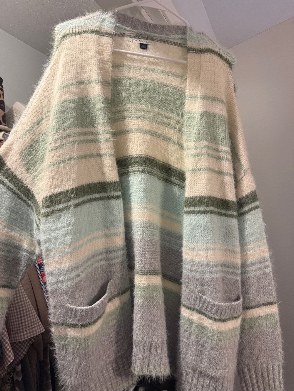 American Eagle Open-Front Cardigan in Mint Green, Cream & Gray